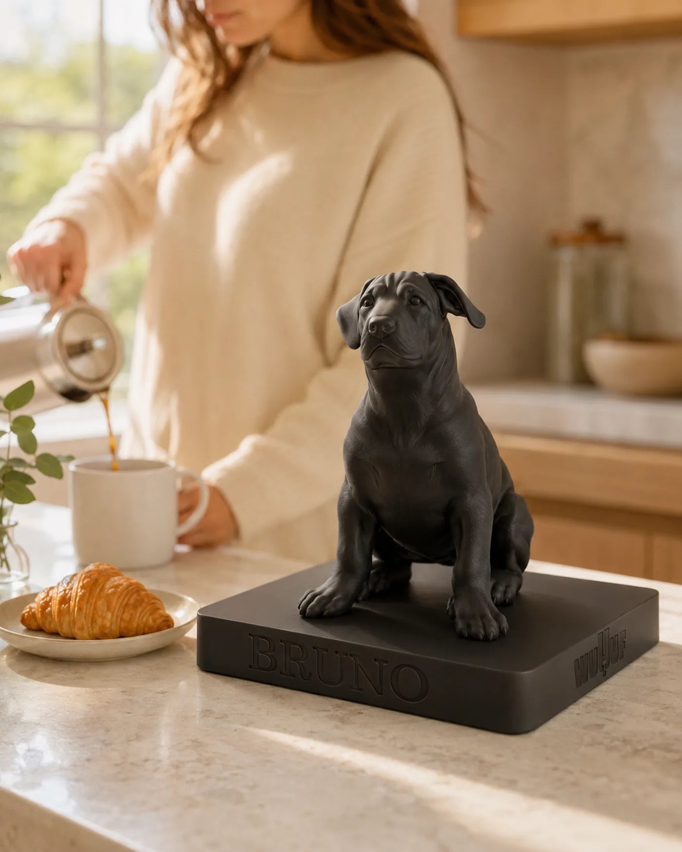 A Graphite staffy WUUUF on a kitchen counter