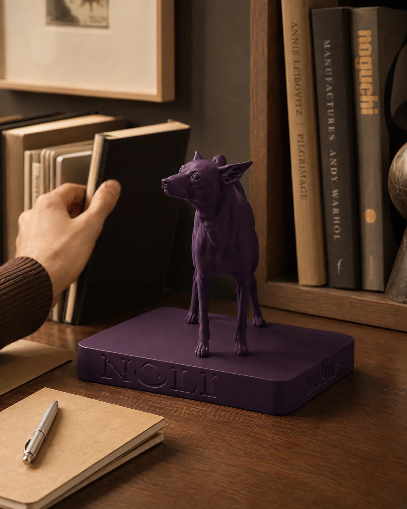 An Amethyst shepherd WUUUF on a bookshelf