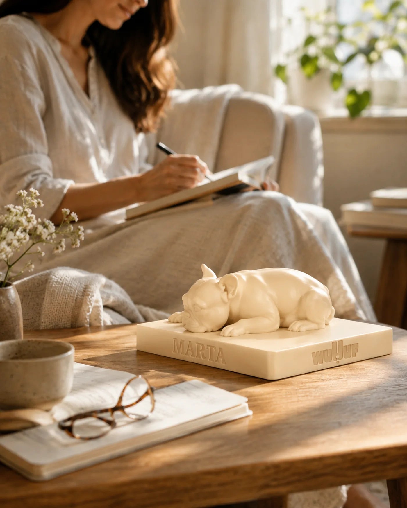 A Soft Ivory sleeping bulldog WUUUF beside a reading chair