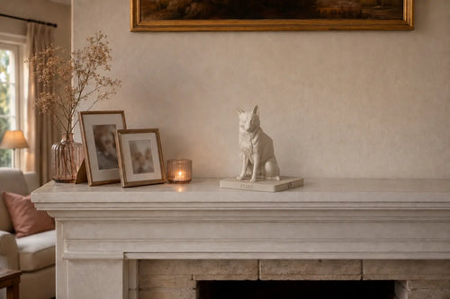 Warm ivory WUUUF memorial pet sculpture resting on a fireplace mantel