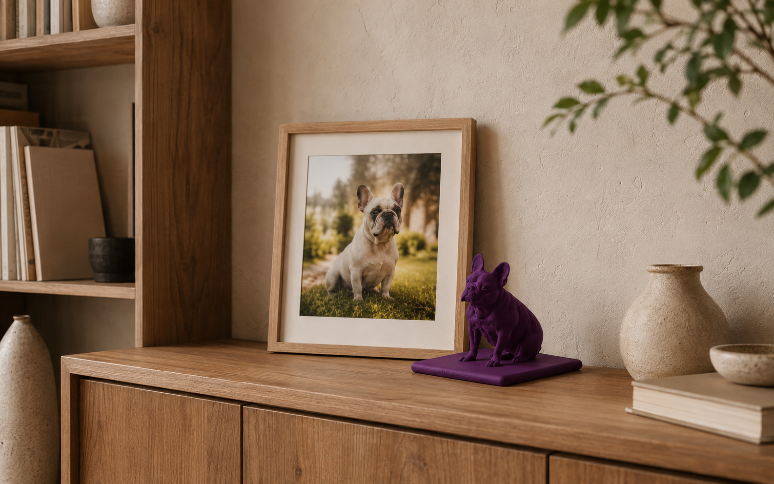 HJUSTONAS framed pet photo and purple custom sculpture at home