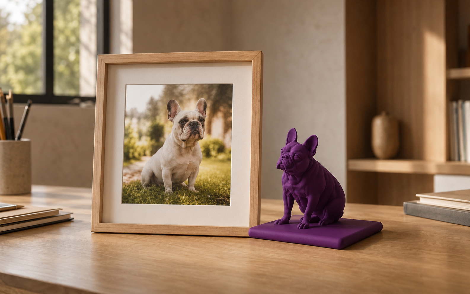 HJUSTONAS framed pet photo and purple custom sculpture at work