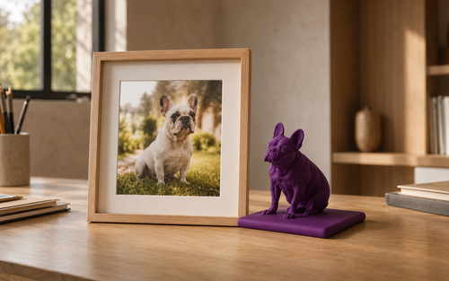 HJUSTONAS framed pet photo and purple custom sculpture at work