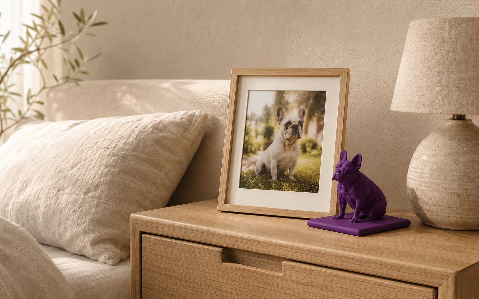 HJUSTONAS framed pet photo and purple custom sculpture by a bed