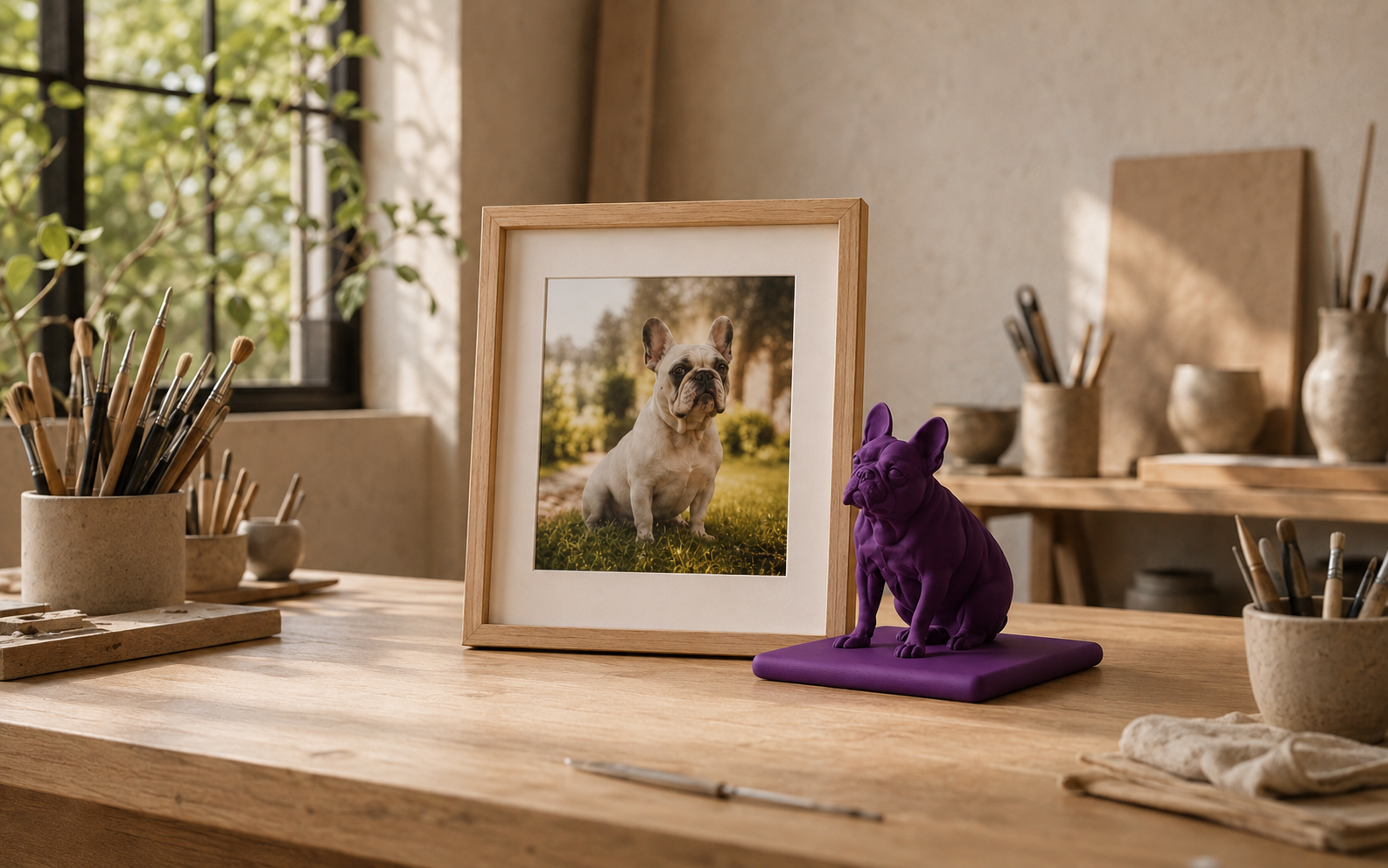 HJUSTONAS framed pet photo and purple custom sculpture in an art studio