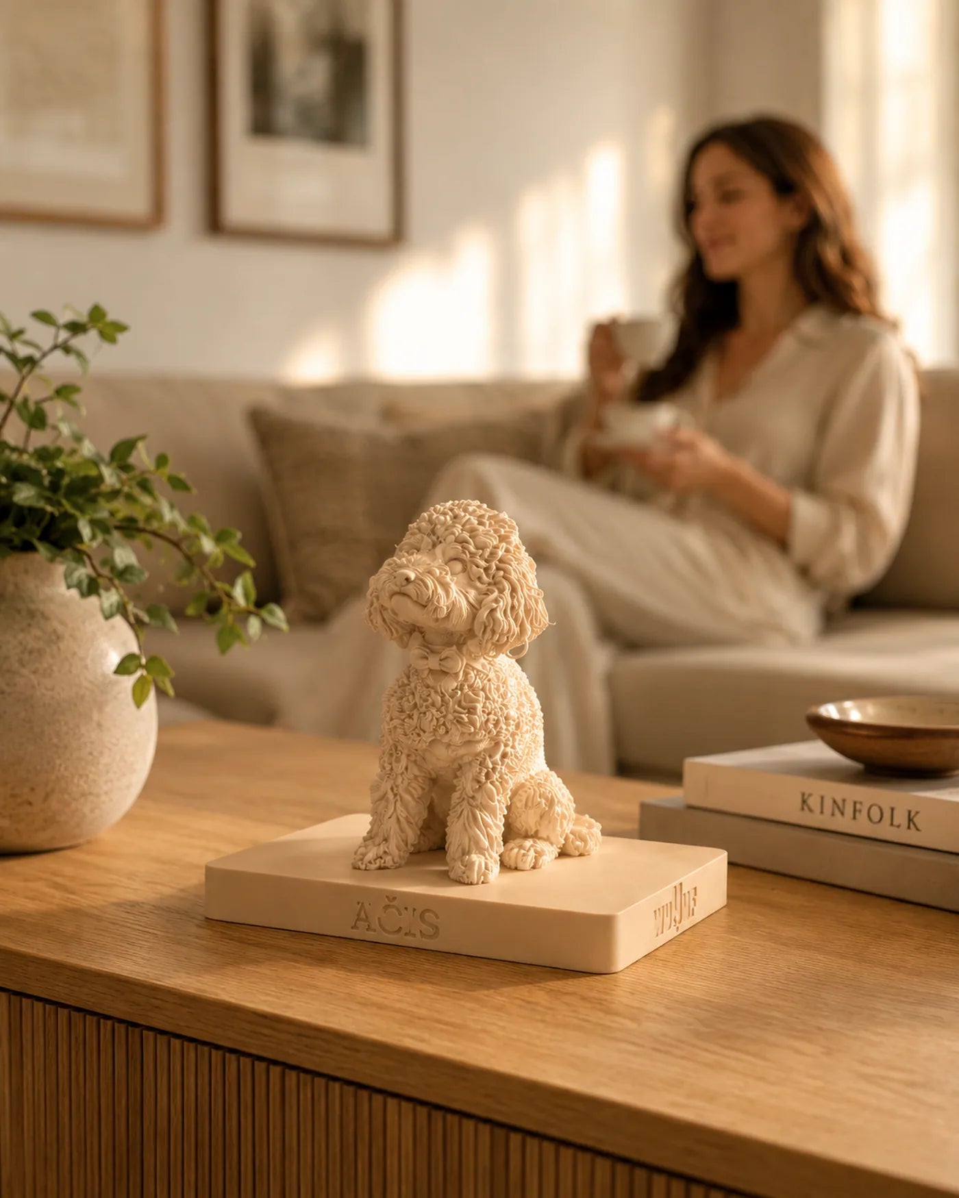 A Warm Sand poodle WUUUF on a living-room sideboard