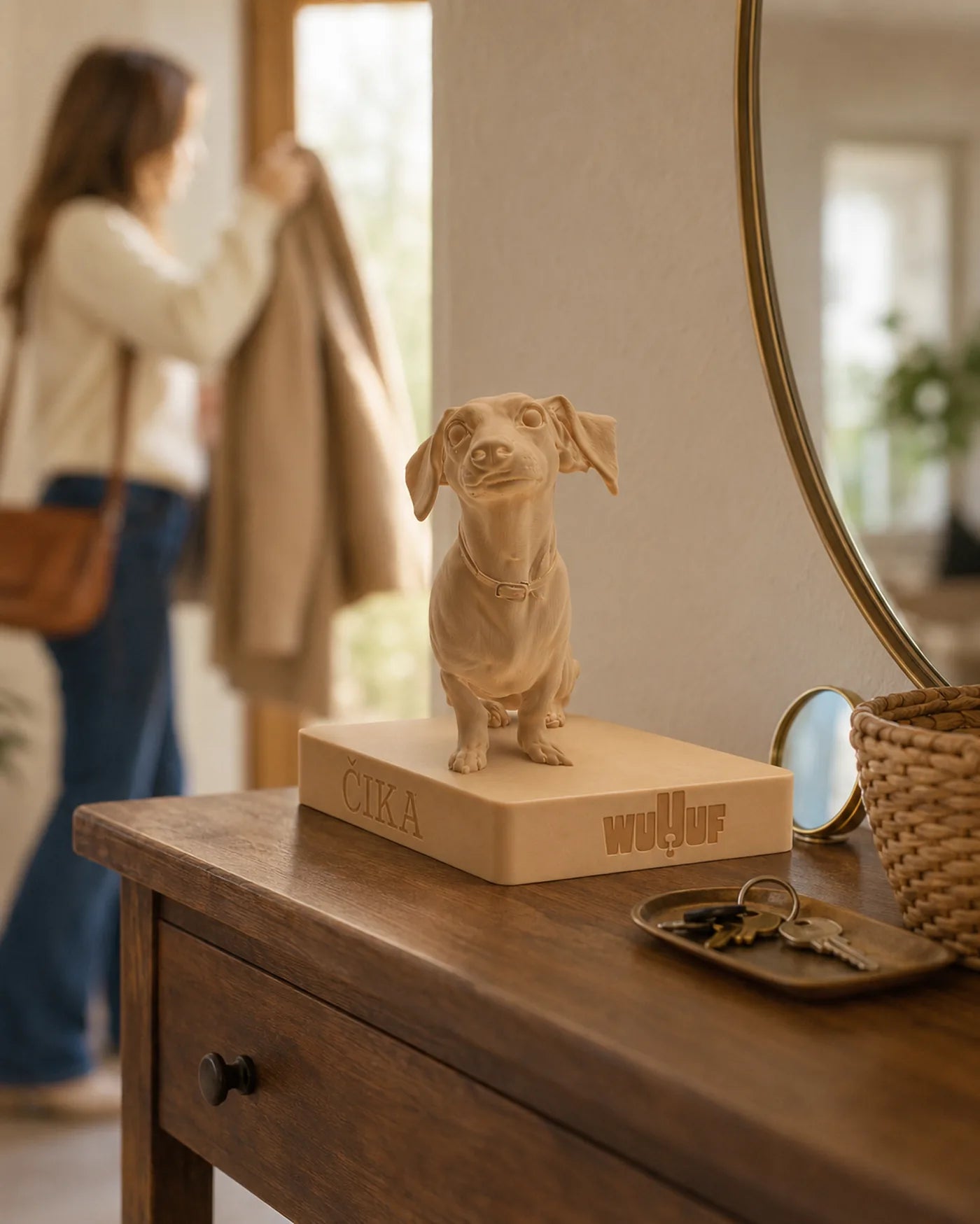 A Warm Sand beagle WUUUF on a hallway console