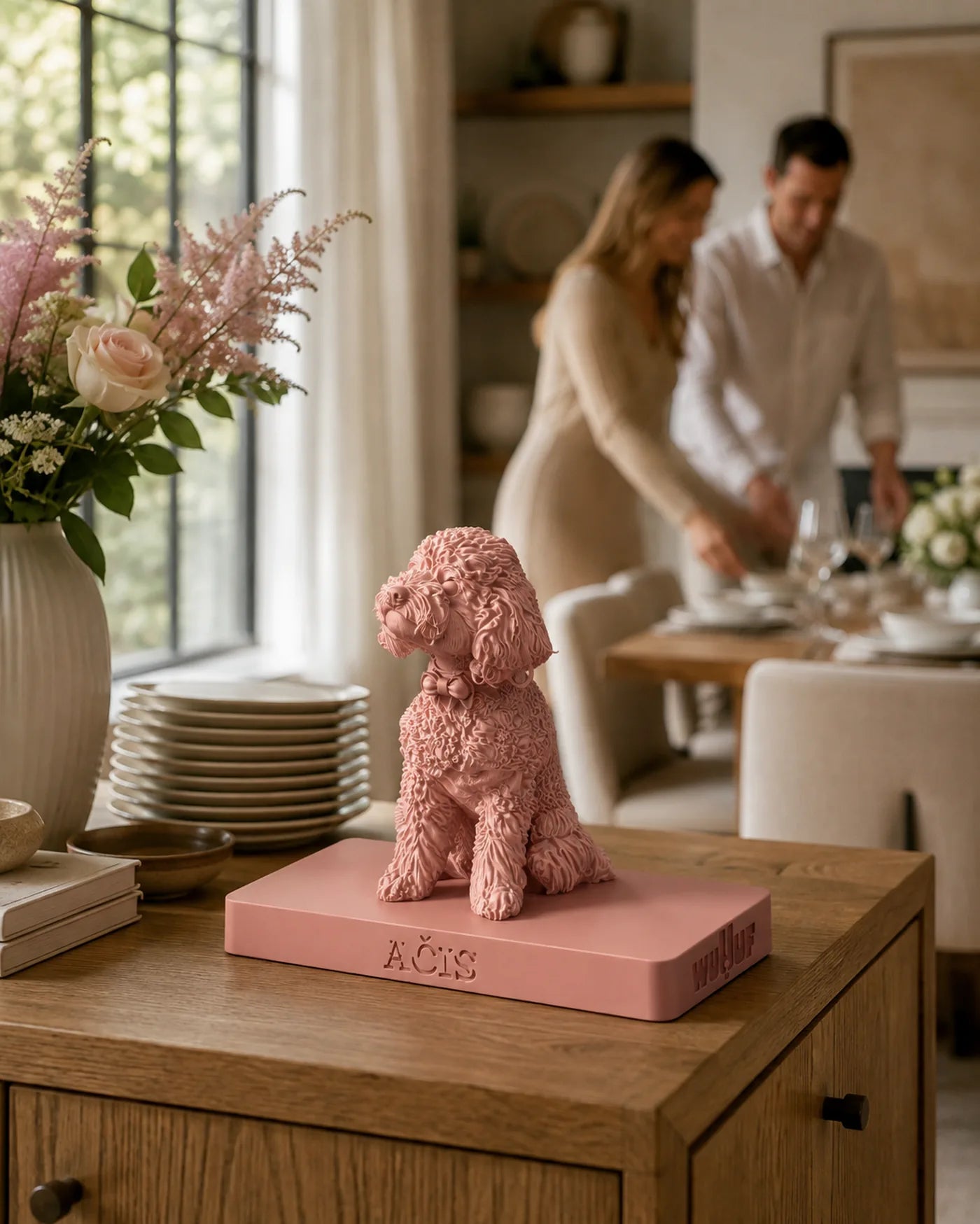 A Blush poodle WUUUF on a dining sideboard