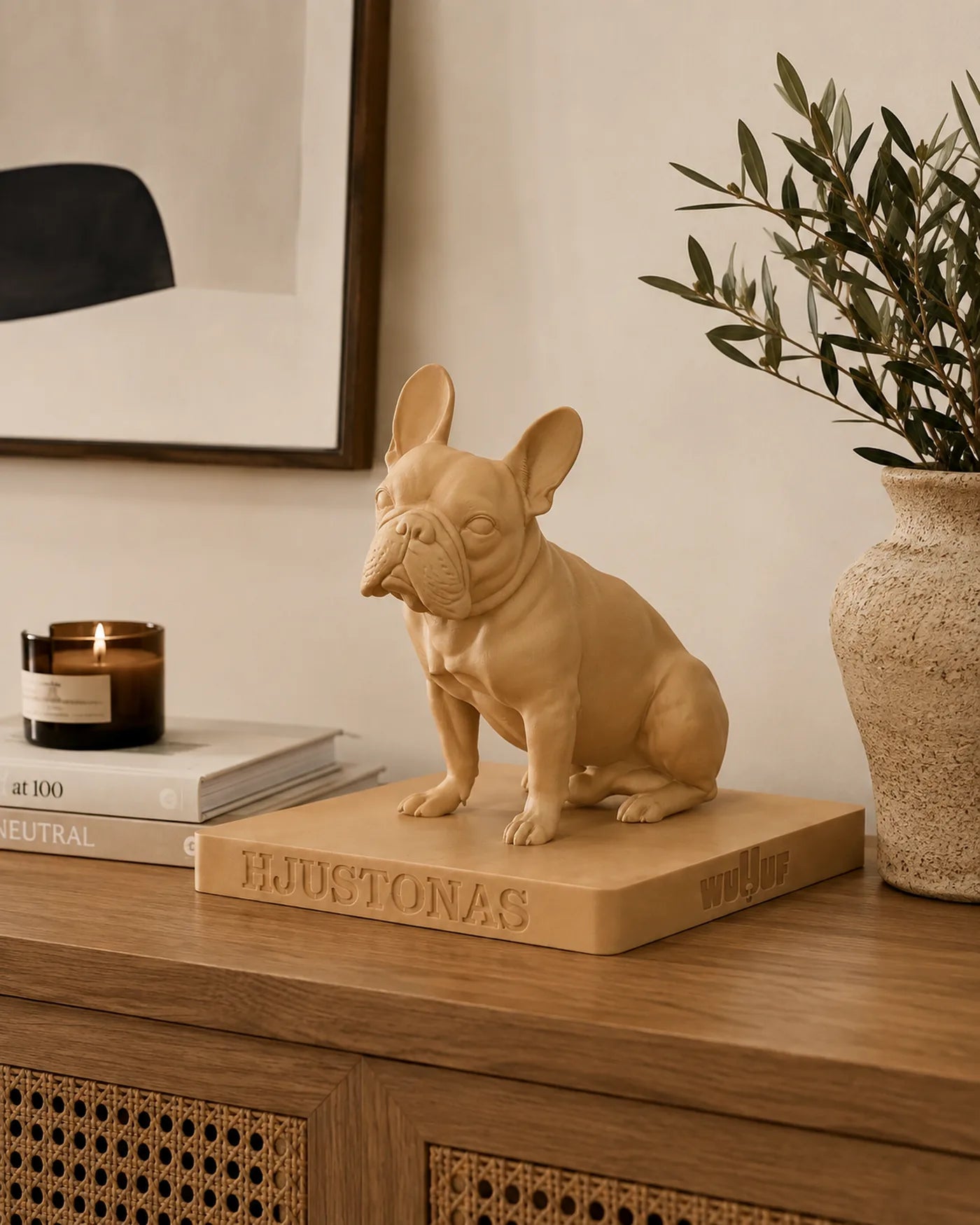 A Warm Sand French bulldog WUUUF on a console table