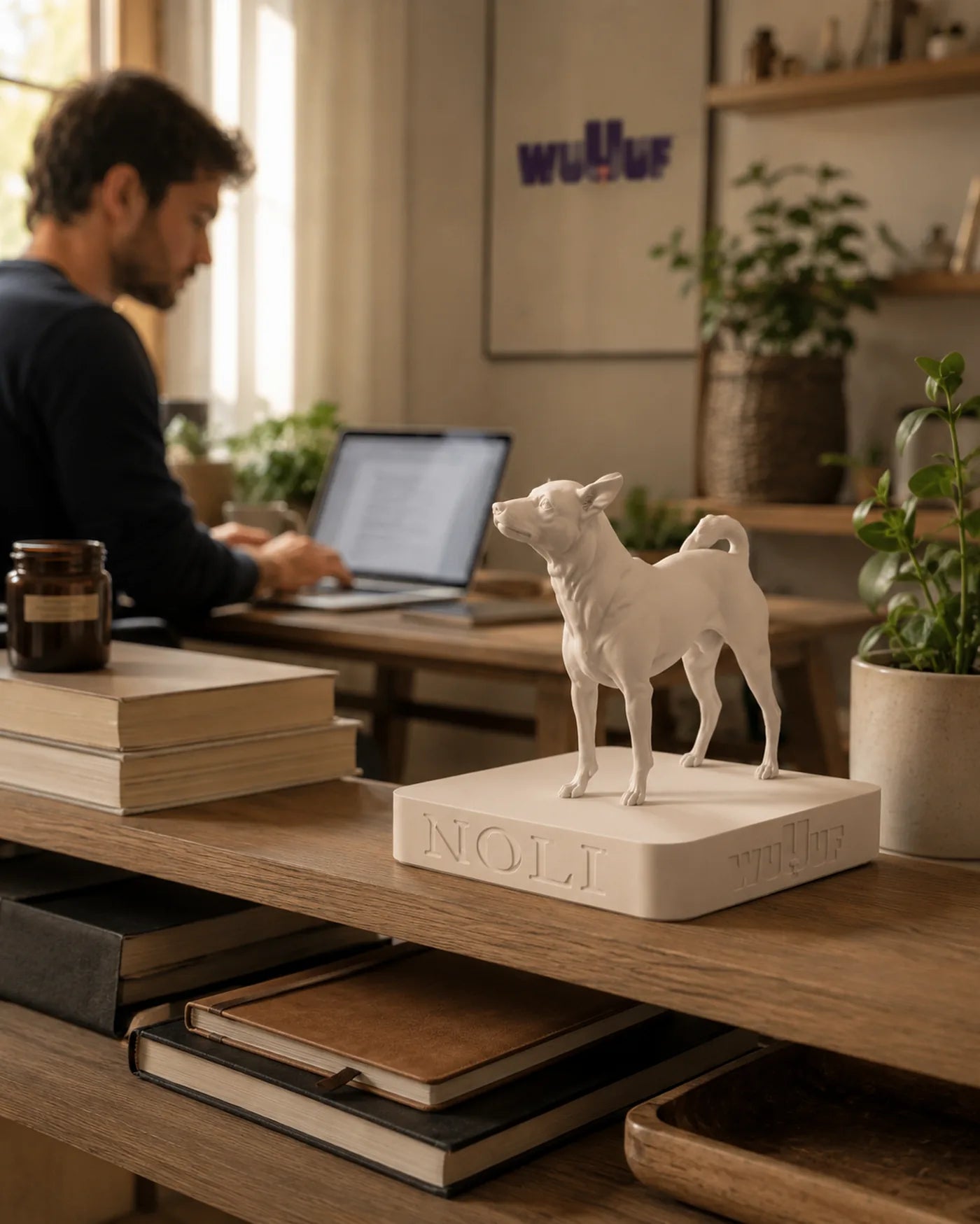 A Soft Ivory whippet WUUUF on a work desk