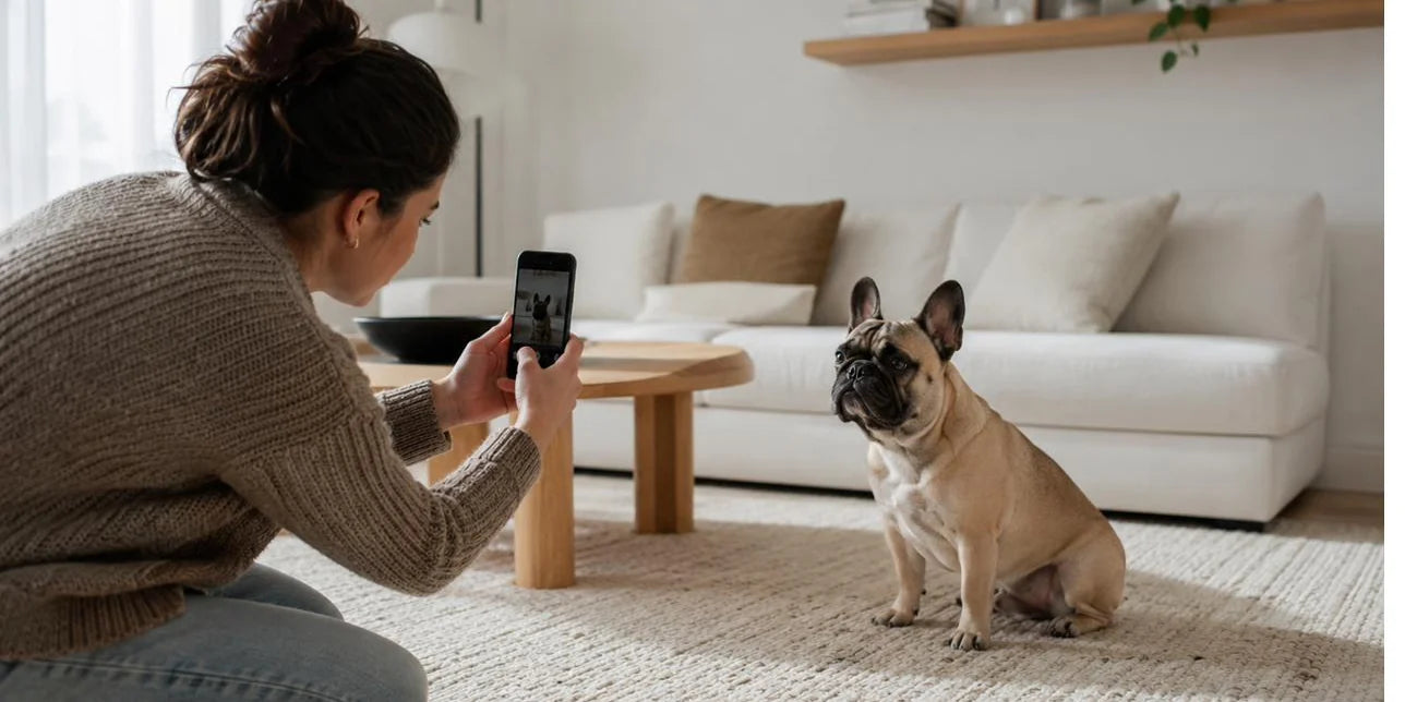 A woman kneeling on a living-room rug, photographing her French bulldog with a phone