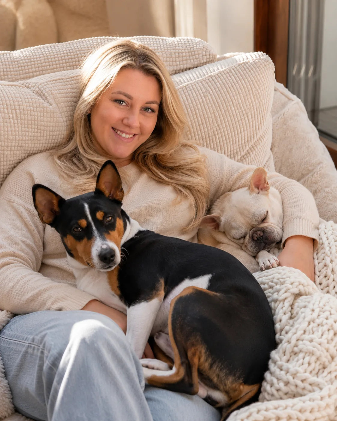 Agnė on the armchair with Noli and Hjustonas asleep beside her