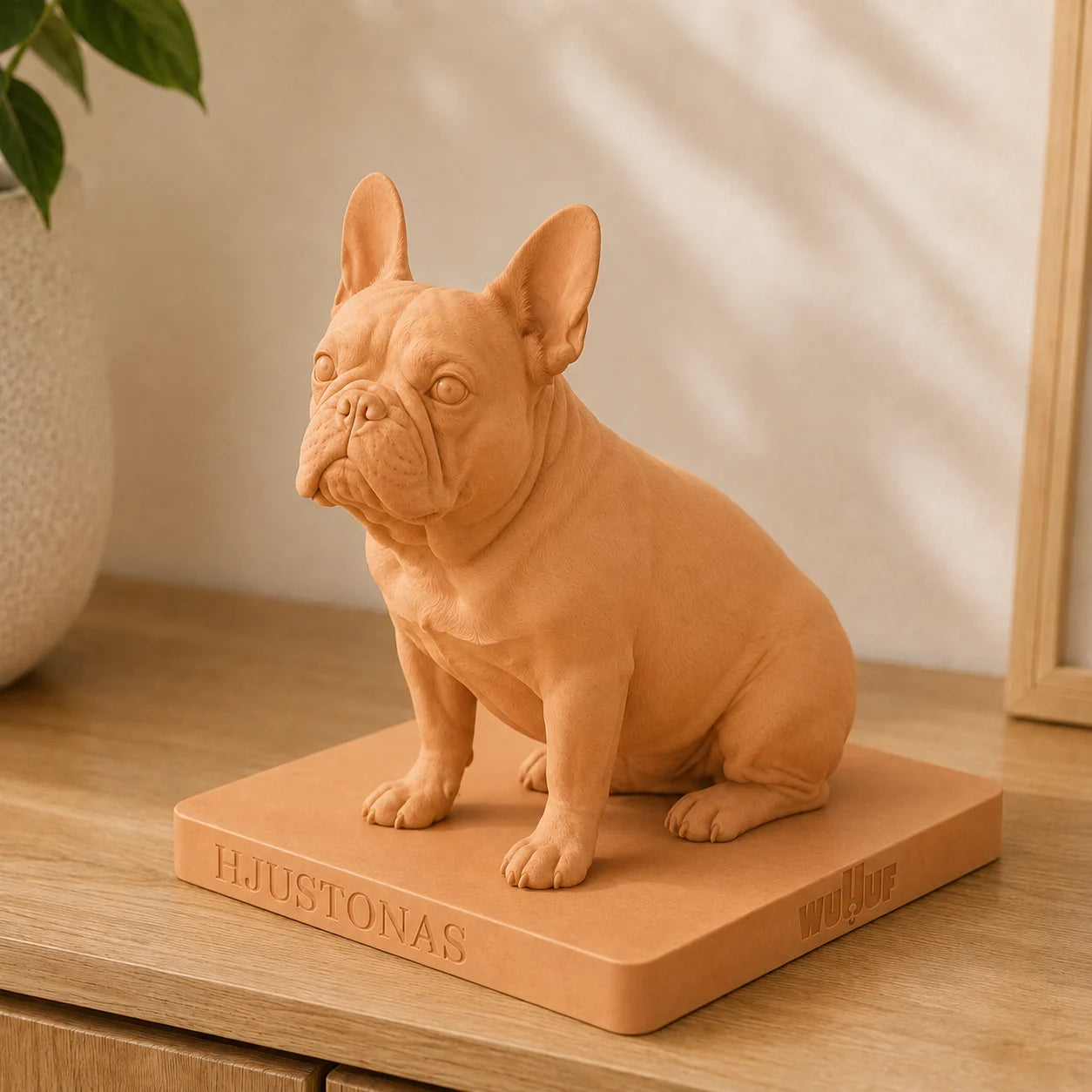 The same dog as a terracotta WUUUF sculpture with HJUSTONAS engraved in the base and the WUUUF mark on the right, same pose, same sideboard