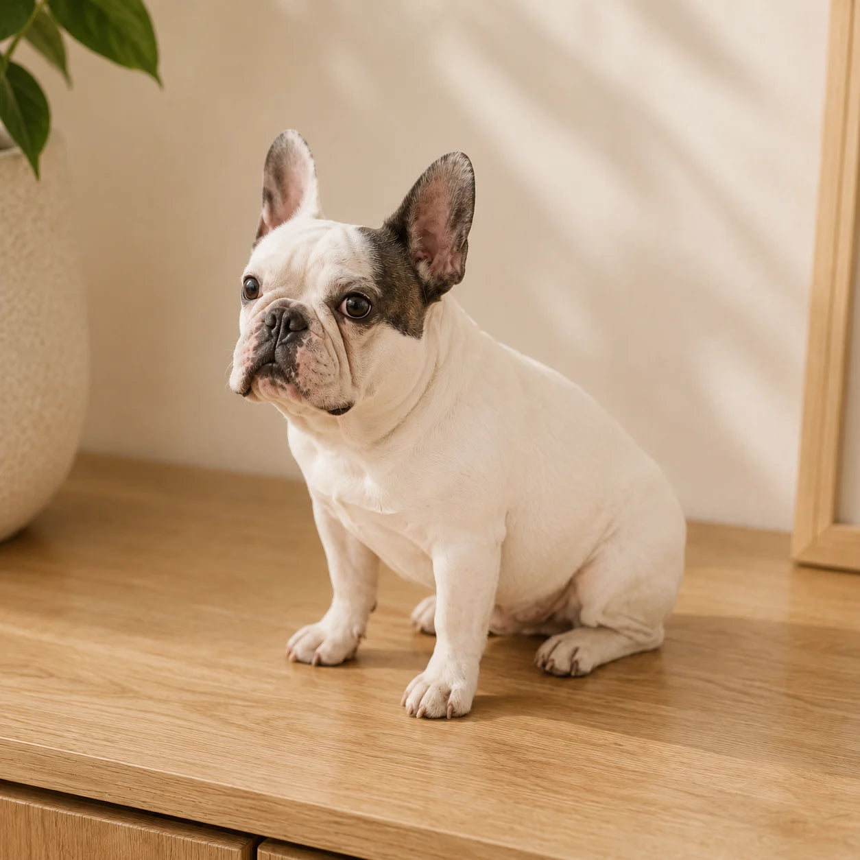 Hjustonas, a white French bulldog, sitting on an oak sideboard