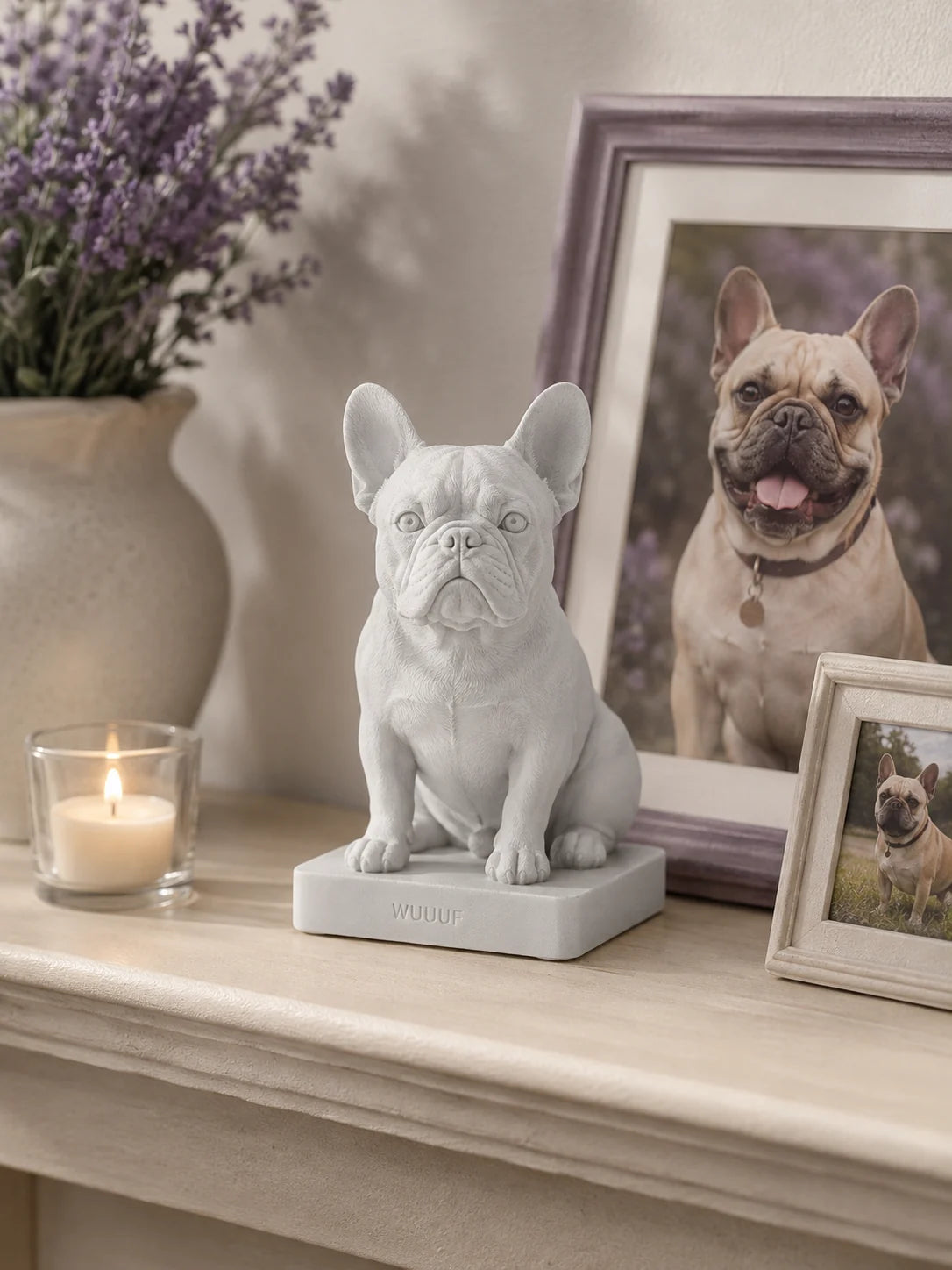 Soft ivory memorial WUUUF with lavender and a framed dog photo