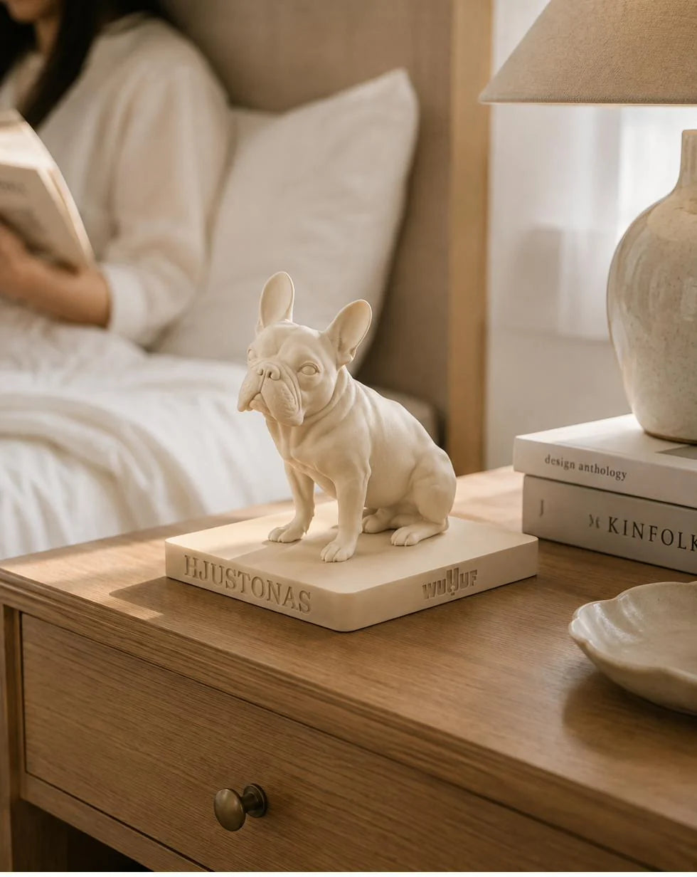 A Soft Ivory WUUUF sculpture on a bedside table beside a stack of books