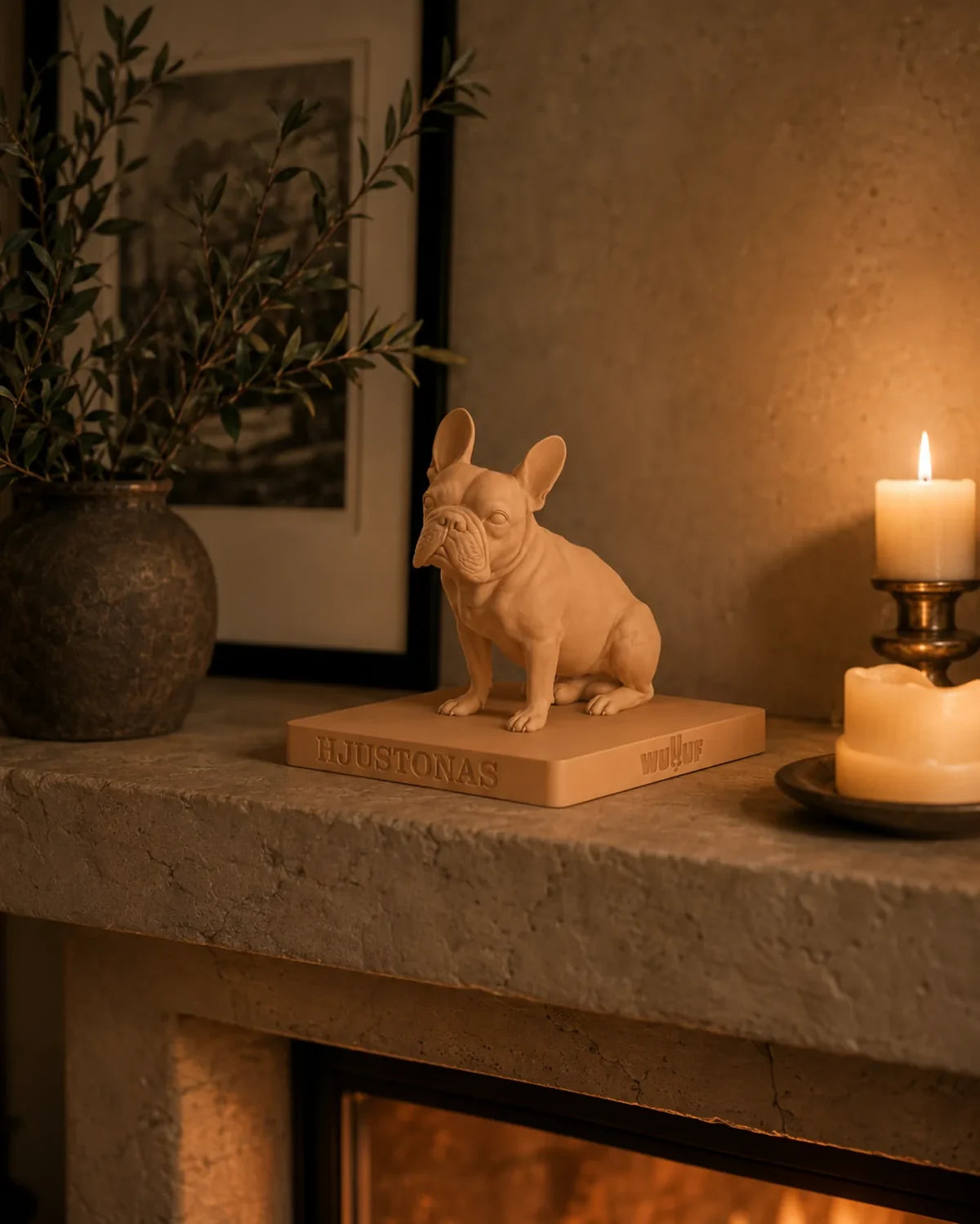 A Soft Ivory WUUUF sculpture beside a framed photograph and a lit candle