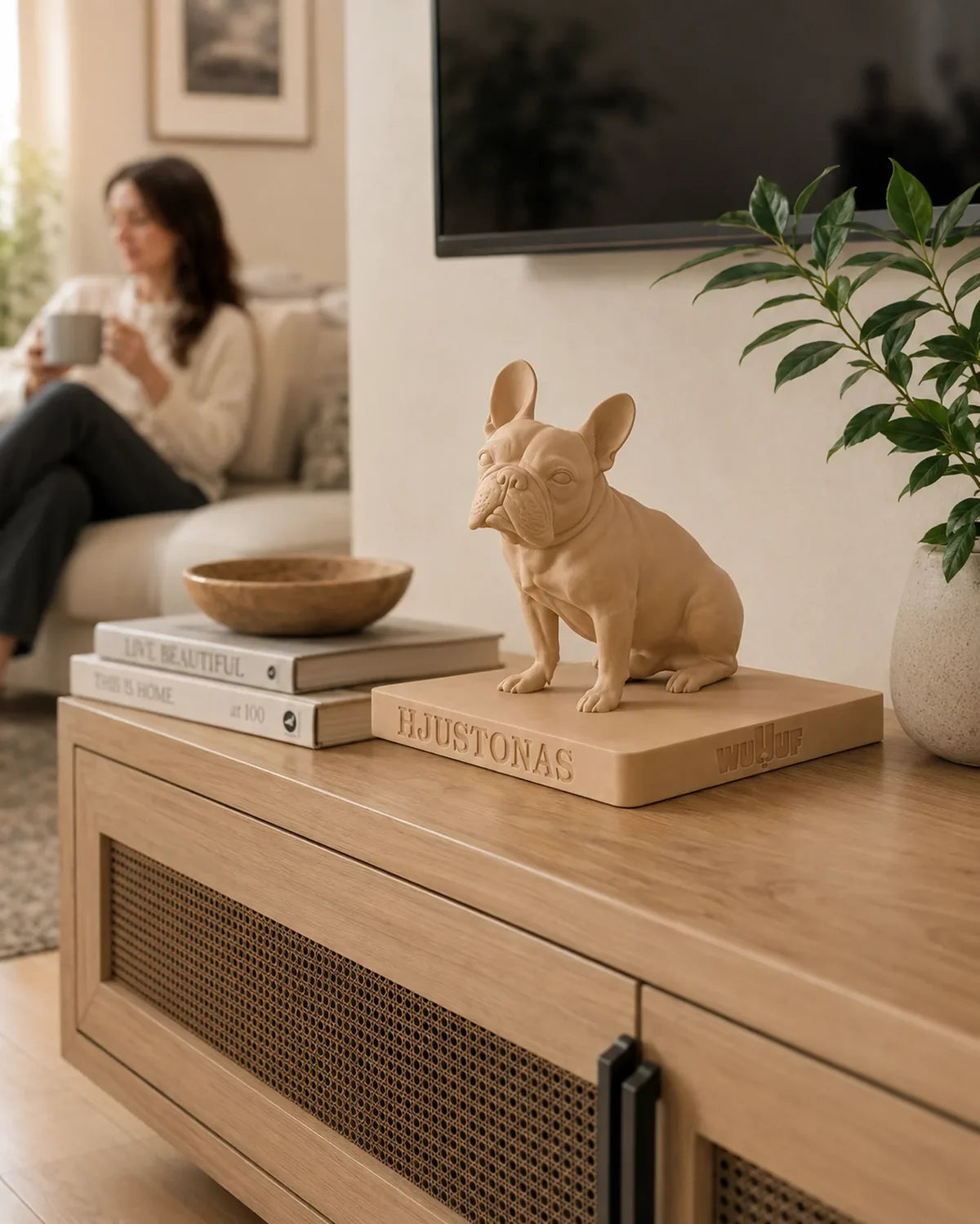 A Terracotta WUUUF sculpture on a living-room sideboard, the engraved name visible on the base