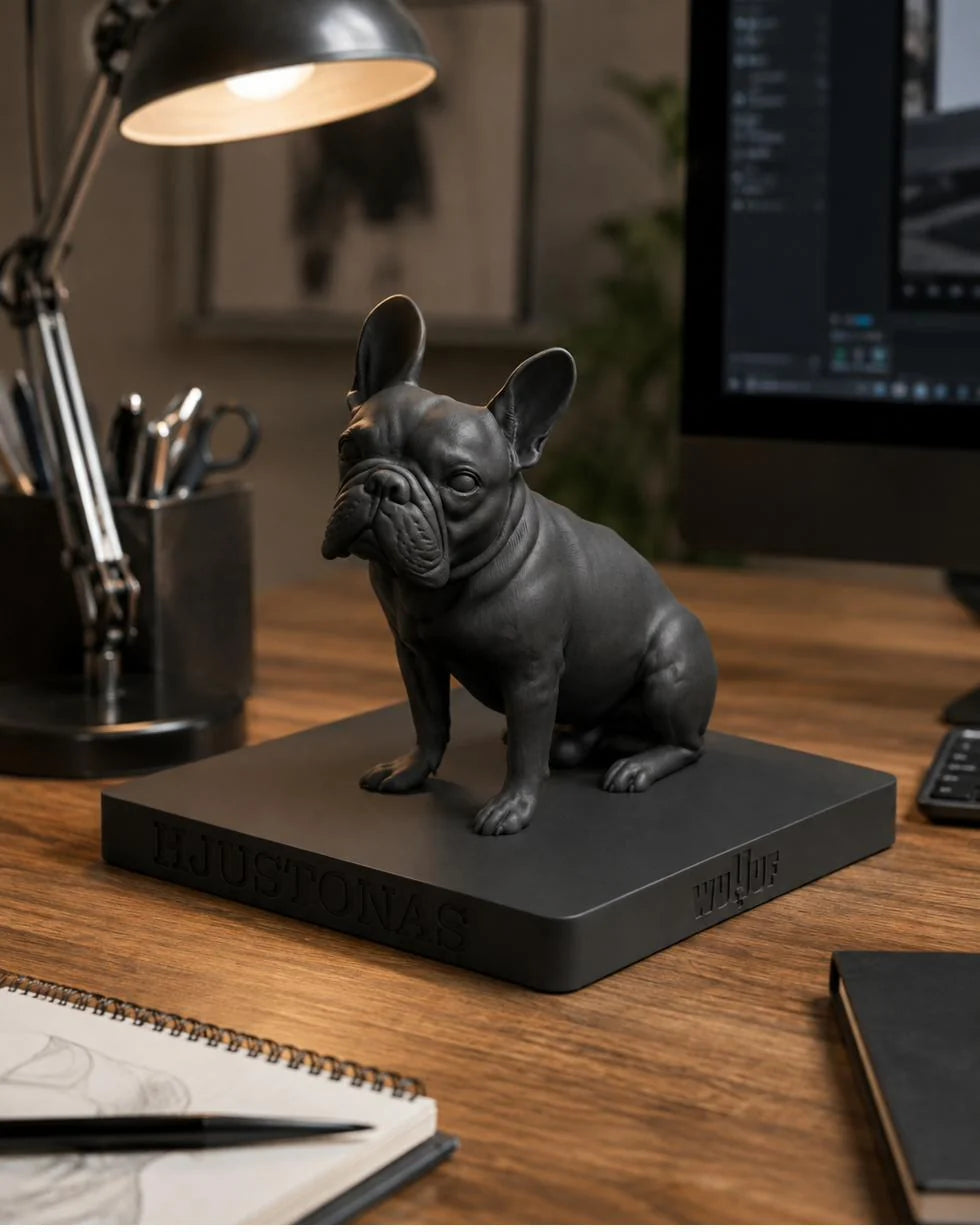 A Graphite WUUUF sculpture on a desk beside a monitor and a pen pot