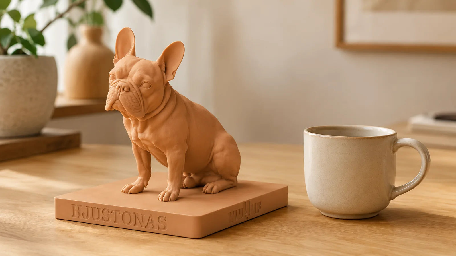 A CLASSIC WUUUF sculpture on a desk beside a coffee cup