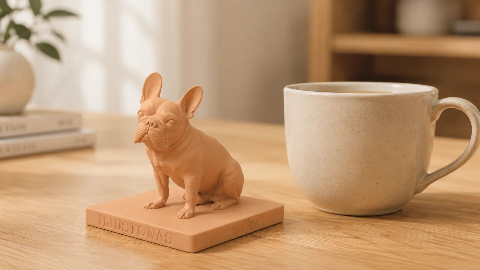 A MINI WUUUF sculpture on a desk beside a coffee cup