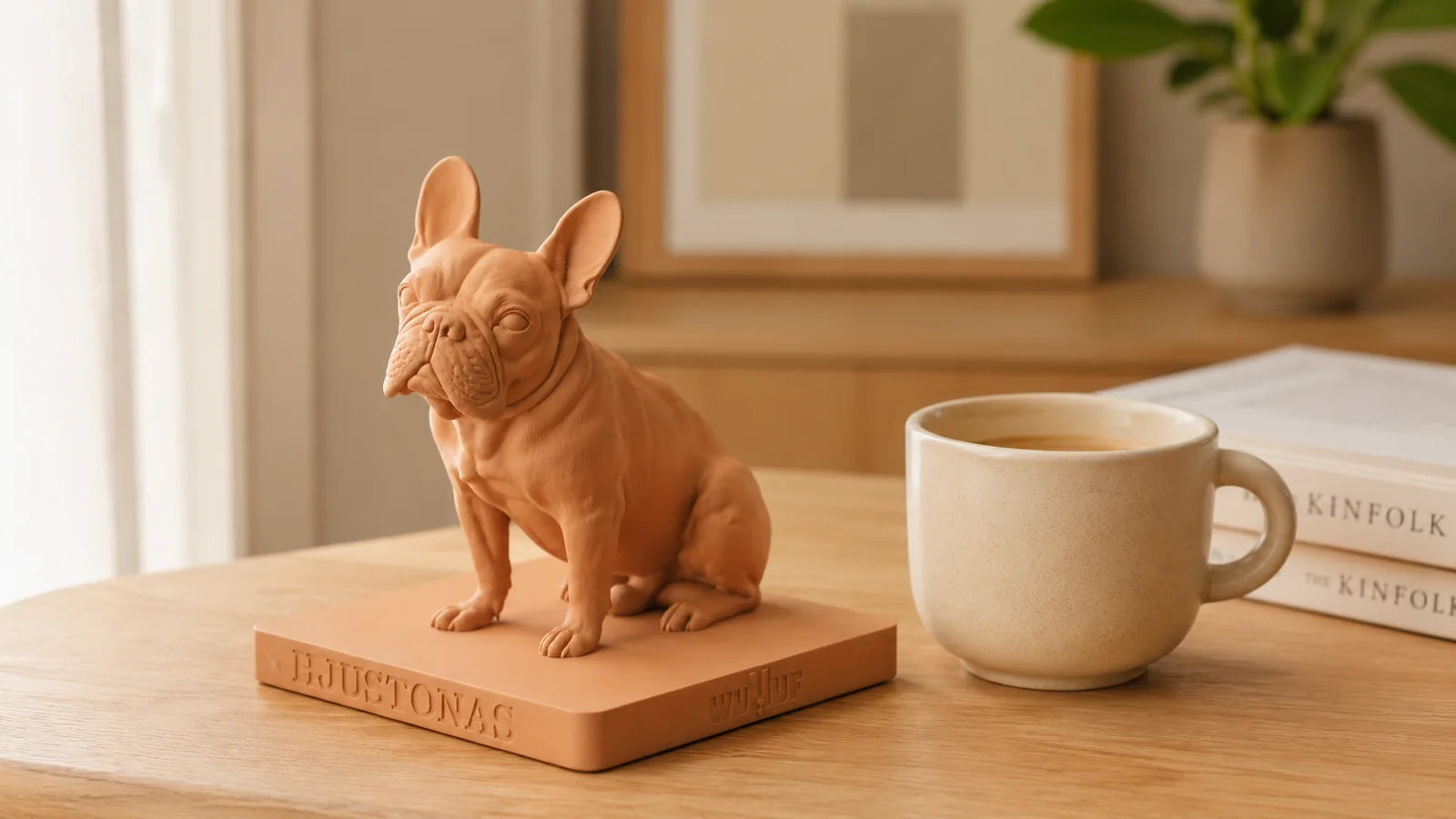 A STATEMENT WUUUF sculpture on a desk beside a coffee cup